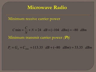 Microwave Radio
Minimum receive carrier power
dBmdBmdBN
N
C
C 80)104(24min −=−+=+=
Minimum transmit carrier power (Pt)
dBmdBmdBCGP St 35.33)80(35.113min =−+=+=
 