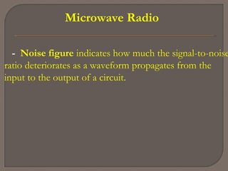 Microwave Radio
- Noise figure indicates how much the signal-to-noise
ratio deteriorates as a waveform propagates from the
input to the output of a circuit.
 