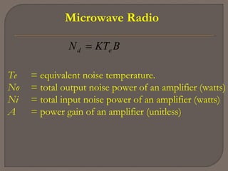 Microwave Radio
BKTN ed =
Te = equivalent noise temperature.
No = total output noise power of an amplifier (watts)
Ni = total input noise power of an amplifier (watts)
A = power gain of an amplifier (unitless)
 