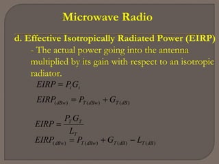 Microwave Radio
d. Effective Isotropically Radiated Power (EIRP)
- The actual power going into the antenna
multiplied by its gain with respect to an isotropic
radiator.
)()()( dBTdBwTdBw
tt
GPEIRP
GPEIRP
+=
=
)()()()( dBTdBTdBwTdBw
T
TT
LGPEIRP
L
GP
EIRP
−+=
=
 