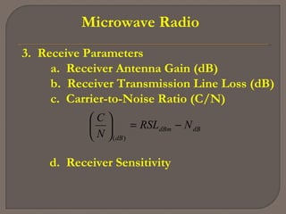 Microwave Radio
3. Receive Parameters
a. Receiver Antenna Gain (dB)
b. Receiver Transmission Line Loss (dB)
c. Carrier-to-Noise Ratio (C/N)
dBdBm
dB
NRSL
N
C
−=





)(
d. Receiver Sensitivity
 