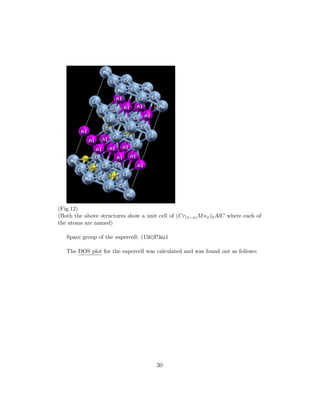 (Fig.12)
(Both the above structures show a unit cell of (Cr(1−x)Mnx)2AlC where each of
the atoms are named)
Space group of the supercell: (156)P3m1
The DOS plot for the supercell was calculated and was found out as follows:
30
 