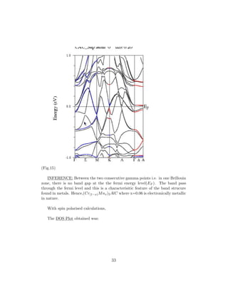 (Fig.15)
INFERENCE: Between the two consecutive gamma points i.e. in one Brillouin
zone, there is no band gap at the the fermi energy level(EF ). The band pass
through the fermi level and this is a characterisitic feature of the band strucure
found in metals. Hence,(Cr(1−x)Mnx)2AlC where x=0.06 is electronically metallic
in nature.
With spin polarised calculations,
The DOS Plot obtained was:
33
 