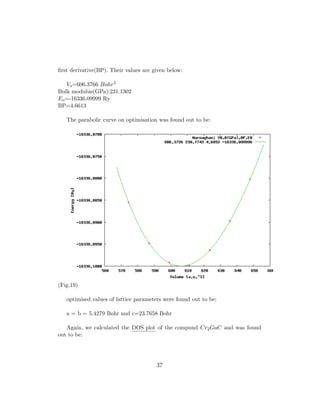 ﬁrst derivative(BP). Their values are given below:
Vo=606.3766 Bohr3
Bulk modulus(GPa):231.1302
Eo=-16336.09999 Ry
BP=4.6613
The parabolic curve on optimisation was found out to be:
(Fig.19)
optimised values of lattice parameters were found out to be:
a = b = 5.4279 Bohr and c=23.7658 Bohr
Again, we calculated the DOS plot of the compund Cr2GaC and was found
out to be:
37
 