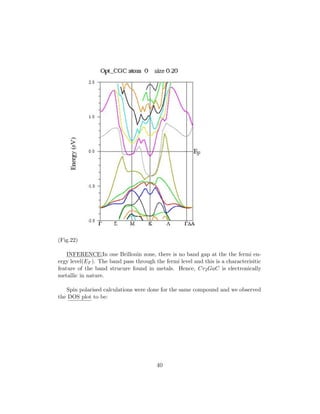 (Fig.22)
INFERENCE:In one Brillouin zone, there is no band gap at the the fermi en-
ergy level(EF ). The band pass through the fermi level and this is a characterisitic
feature of the band strucure found in metals. Hence, Cr2GaC is electronically
metallic in nature.
Spin polarised calculations were done for the same compound and we observed
the DOS plot to be:
40
 