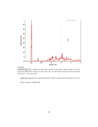 (Fig.25)
INFERENCE:The maximum peak that arises at the same energy value as in the
previous DOS Plot reduces to 45 states/eV. At the fermi energy level the number
of states is 10 states/eV.
Band structure plot for spin polarised Cr2GaC compound was found out to be:
Fermi energy: 0.92845 Ry
43
 