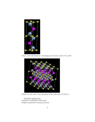 (Fig.1: unit cell structure containing two formula units of Cr2AlC)
(Fig.2: X axis and Y axis extension of the unit cell of Ti2GeC)
Potential applications:
• Ductile, machinable refractories
• High temperature heating elements
5
 