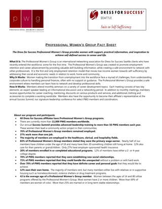 PROFESSIONAL WOMEN’S GROUP FACT SHEET
The Dress for Success Professional Women’s Group provides women with support, practical information, and inspiration to
achieve self-defined success in career and life.
What It Is: The Professional Women’s Group is an international networking association for Dress for Success Seattle clients who have
recently entered the workforce, some for the first time. The Professional Women’s Group was created to promote employment
retention and career advancement by providing valuable skill-building information, while creating a safe environment to network with
other professionals. It is the first and only employment retention model that moves low-income women towards self-sufficiency by
addressing their social and economic needs in relation to work, home and community.
Why It Works: Women making the transition from unemployment into the workforce face a myriad of challenges, from understanding
corporate culture to handling personal finances, often with no support or guidance. The Professional Women’s Group provides a safe
environment where members can learn how to network and develop professional skills.
How It Works: Members attend monthly seminars on a variety of career development topics. Each meeting consists of two key
elements: an expert speaker leading an informational discussion and a networking period. In addition to monthly meetings, members
receive opportunities for career coaching, mentoring, discounts on various products and services, and additional clothing and
accessories to complete a working wardrobe. Members also have the opportunity to become their affiliate’s representative at the
annual Success Summit, our signature leadership conference for select PWG members and coordinators.
About our program and participants
• 60 Dress for Success affiliates have Professional Women’s Group programs.
• There are currently more than 11,000 PWG members worldwide.
• Our annual Success Summit provides advanced leadership training to more than 50 PWG members each year.
These women then lead a community action project in their communities.
• 76% of Professional Women’s Group members remained employed.
• 27% work more than one job.
• The majority of members are employed in the healthcare, clerical, and hospitality fields.
• 84% of Professional Women’s Group members stated they were the primary wage-earner. Nearly half of our
members have children under the age of 18 and many have their 20-something children still living at home. 12% also
care for their parents or grandchildren. Only 27% have employer-sponsored health insurance.
• 20% of members enrolled in or completed educational programs. 12% of members have either a 2- or 4-year
college degree.
• 70% of PWG members reported that they were establishing new social relationships.
• 75% of PWG members reported that they could handle the unexpected without a problem or with hard work.
• Over 70% of PWG members reported that they have definite career and personal goals that they would like to
achieve.
• 12% own their own home. The majority of members rent, but many members either live with relatives or in supportive
housing such as homeless/domestic violence shelters or drug treatment programs.
• 42 is the average age of a Professional Women’s Group member. Women between the ages of 14 and 80 utilize
programs offered by the Professional Women’s Group. Most women have 2 or more children. More than 69% of
members are women of color. More than 25% are married or in long-term stable relationships.
 