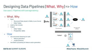 Designing Data Pipelines (What, Why) => How
▪ What, Why
▪ Input:
▪ Structured Data stored in Kafka in avro format
▪ Delta Tables
▪ Latency few minutes
▪ Output:
▪ Delta Tables
▪ PostgreSQL tables
▪ How
▪ Use structured streaming for both:
▪ feature generation
▪ model prediction
▪ Use Batch processing for feature vector generation
Use case 2. Pipelines with average latency
 