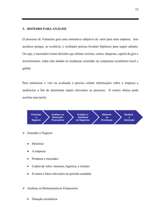 12
3. ROTEIRO PARA ANÁLISE
O processo de Valuation gera uma estimativa subjetiva de valor para uma empresa. Isso
acontece porque, ao avaliá-la, o avaliador precisa levantar hipóteses para seguir adiante.
Ou seja, é necessário tomar decisões que afetam receitas, custos, despesas, capital de giro e
investimentos, todas elas aliadas às mudanças ocorridas na conjuntura econômica local e
global.
Para minimizar o viés na avaliação é preciso coletar informações sobre a empresa e
analisá-los a fim de determinar inputs relevantes ao processo. O roteiro abaixo pode
auxiliar esta tarefa:
Entender
o
Negócio
Analisar os
Demonstr.
Financeiros
Analisar o
Ambiente
de Negócios
Elaborar
as
Premissas
Realizar
a
Valoração
 Entender o Negócio
 Histórico
 A empresa
 Produtos e mercados
 Cadeia de valor: insumos, logística, e clientes
 Eventos e fatos relevantes no período estudado
 Analisar os Demonstrativos Financeiros
 Situação econômica
 
