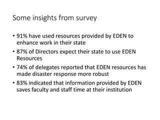 Some insights from survey
• 91% have used resources provided by EDEN to
enhance work in their state
• 87% of Directors exp...