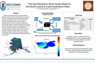 U N I V E R S I T Y O F S O U T H F L O R I D AU N I V E R S I T Y O F S O U T H F L O R I D A
The High Resolution Storm Surge Model for
the Norton Sound & Yukon Kuskokwim Delta
Dr. Eranna Guruvadoo, Dr. Kenrick Mock, Dr. Tom Ravens, and Jon S. Allen
University of Alaska Anchorage – Anchorage, AK 99508
Abstract
Coastal communities along the west of Alaska
depend on Arctic sea ice to protect them from storms
that occur in the Bering and Chukchi Seas between
August and December. The ice from these seas
provides a protective barrier to storm surges.
Decreasing Arctic sea ice and warm temperatures
have caused delays in freezing of Bering and Chukchi
Seas, which takes away from the protective barrier. As
a result, coastal communities are experiencing
hurricane-strength conditions due to wave conditions
and storm surges. And, the need for an accurate
forecasting model is vital for public safety, as these
communities lack transportation infrastructure for rapid
evacuations.
Future Work
We plan to return to the Arctic Domain
Awareness Center, in the upcoming summer,
to continue to make contributions to this
research project.
Acknowledgments
We thank The Arctic Domain Awareness Center
at the University of Alaska Anchorage and the
Department of Homeland Security.
Forecasting Model:
Model Flow Chart
Water Level Generated by Forecasting Model
Input Files
Table 2. Delft3D-Flow input files
Description Filename File extension
Bathymetry NortonSound_tri_v6 .dep
Boundary– Fixed in the model domain norton .bnd
Boundary condition – Time-varying water levela
nome_apoon .bct
Fine grid NortonSound_v4 .grd
Fine grid enclosure NortonSound_v4 .enc
Flow input file NortonDelta .mdf
Observation pointsa
norton .obs
 