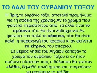 ΤΟ ΛΑΔΙ ΤΟΥ ΟΥΡΑΝΙΟΥ ΤΟΞΟΥ
Η Ίρις,το ουράνιο τόξο, αποτελεί προμήνυμα
για τη σοδειά της χρονιάς.Αν το χρώμα που
φαίνεται περισσότερο από τα άλλα είναι το
πράσινο τότε θα είναι λαδοχρονιά.Αν
φαίνεται πιο πολύ το κόκκινο, τότε θα είναι
καλή η παραγωγή του κρασιού κι αν φαίνεται
το κίτρινο, του σιταριού.
Σε μερικά νησιά του Αιγαίου κοίταζαν το
χρώμα του ουράνιου τόξου κι αν ήταν
πράσινο πίστευαν πως η θάλασσα θα γινόταν
«λάδι», δηλαδή πολύ ήμερη και μπορούσαν
 