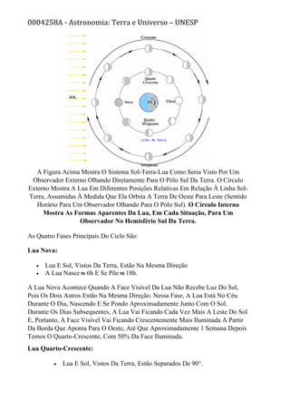 0004258A - Astronomia: Terra e Universo – UNESP
A Figura Acima Mostra O Sistema Sol-Terra-Lua Como Seria Visto Por Um
Observador Externo Olhando Diretamente Para O Pólo Sul Da Terra. O Círculo
Externo Mostra A Lua Em Diferentes Posições Relativas Em Relação À Linha Sol-
Terra, Assumidas À Medida Que Ela Orbita A Terra De Oeste Para Leste (Sentido
Horário Para Um Observador Olhando Para O Pólo Sul). O Círculo Interno
Mostra As Formas Aparentes Da Lua, Em Cada Situação, Para Um
Observador No Hemisfério Sul Da Terra.
As Quatro Fases Principais Do Ciclo São:
Lua Nova:
• Lua E Sol, Vistos Da Terra, Estão Na Mesma Direção
• A Lua Nasce 6h E Se Põe 18h.
A Lua Nova Acontece Quando A Face Visível Da Lua Não Recebe Luz Do Sol,
Pois Os Dois Astros Estão Na Mesma Direção. Nessa Fase, A Lua Está No Céu
Durante O Dia, Nascendo E Se Pondo Aproximadamente Junto Com O Sol.
Durante Os Dias Subsequentes, A Lua Vai Ficando Cada Vez Mais A Leste Do Sol
E, Portanto, A Face Visível Vai Ficando Crescentemente Mais Iluminada A Partir
Da Borda Que Aponta Para O Oeste, Até Que Aproximadamente 1 Semana Depois
Temos O Quarto-Crescente, Com 50% Da Face Iluminada.
Lua Quarto-Crescente:
• Lua E Sol, Vistos Da Terra, Estão Separados De 90°.
 
