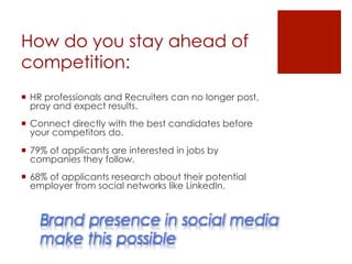How do you stay ahead of
competition:
  HR professionals and Recruiters can no longer post,
pray and expect results.
  Connect directly with the best candidates before
your competitors do.
  79% of applicants are interested in jobs by
companies they follow.
  68% of applicants research about their potential
employer from social networks like LinkedIn.
Brand presence in social media
make this possible
 