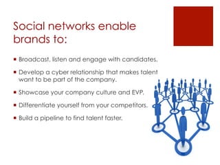 Social networks enable
brands to:
  Broadcast, listen and engage with candidates.
  Develop a cyber relationship that makes talent
want to be part of the company.
  Showcase your company culture and EVP.
  Differentiate yourself from your competitors.
  Build a pipeline to find talent faster.
 