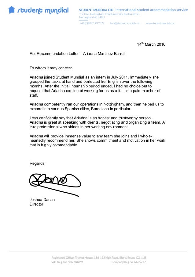 recommendation letter student mundial recommendation for student