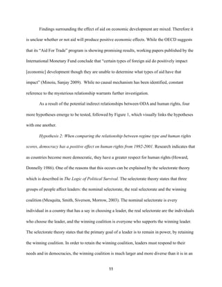 Findings surrounding the effect of aid on economic development are mixed. Therefore it
is unclear whether or not aid will produce positive economic effects. While the OECD suggests
that its “Aid For Trade” program is showing promising results, working papers published by the
International Monetary Fund conclude that “certain types of foreign aid do positively impact
[economic] development though they are unable to determine what types of aid have that
impact” (Minoiu, Sanjay 2009). While no causal mechanism has been identified, constant
reference to the mysterious relationship warrants further investigation.
As a result of the potential indirect relationships between ODA and human rights, four
more hypotheses emerge to be tested, followed by Figure 1, which visually links the hypotheses
with one another.
Hypothesis 2: When comparing the relationship between regime type and human rights
scores, democracy has a positive effect on human rights from 1992-2001. Research indicates that
as countries become more democratic, they have a greater respect for human rights (Howard,
Donnelly 1986). One of the reasons that this occurs can be explained by the selectorate theory
which is described in The Logic of Political Survival. The selectorate theory states that three
groups of people affect leaders: the nominal selectorate, the real selectorate and the winning
coalition (Mesquita, Smith, Siverson, Morrow, 2003). The nominal selectorate is every
individual in a country that has a say in choosing a leader, the real selectorate are the individuals
who choose the leader, and the winning coalition is everyone who supports the winning leader.
The selectorate theory states that the primary goal of a leader is to remain in power, by retaining
the winning coalition. In order to retain the winning coalition, leaders must respond to their
needs and in democracies, the winning coalition is much larger and more diverse than it is in an
11
 