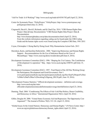 Bibliography
“Aid For Trade: Is It Working?” http://www.oecd.org/trade/aft/45581702.pdf (April 22, 2016).
Center for Systematic Peace. “PolityProject.” PolityProject. http://www.systemicpeace.org/
polityproject.html (July 23, 2016).
Cingranelli, David L, David L Richards, and K Chad Clay. 2014. “CIRI Human Rights Data
Project: Data &Amp; Documentation.” CIRI Human Rights Data Project: Data &
Documentation.
http://www.humanrightsdata.com/p/data-documentation.html (April 22, 2016).
From this website information regarding coding can be found under the CIRI Coding
Guide and the human rights scores were found using the Complete CIRI Data, 1981-2011
Coyne, Christopher J. Doing Bad by Doing Good: Why Humanitarian Action Fails. 2013
Dawidson, Karin, and Karolina Hulterström . 2006. “Improving Democracy and Human Rights
Support – Recommendations for the Use of Indicators Based on the Case of
Mozambique.” https://www.oecd.org/derec/sweden/dem.pdf (June 8, 2016).
Development Assistance Committee (DAC). 1996. “Shaping the 21st Century: The Contribution
of Development Co-operation.” May . https://www.oecd.org/dac/2508761.pdf (July 15,
2016).
Development Assistance Committee (DAC). 1997. Final Report of the AD Hoc Working Group
On Participatory Development and Good Governance: Part 1.
www.participatorymethods.org/sites/participatorymethods.org/files/final%20report%20on
%20the%20ad%20hoc%20working%20gruop_OECD.pdf ( June 19, 2016).
“Development Finance Statistics.” Official development assistance – definition and coverage.
http://www.oecd.org/dac/stats/
officialdevelopmentassistancedefinitionandcoverage.htm#definition (April 23, 2016).
Dunning, Thad. 2004. “Conditioning The Effects of Aid: Cold War Politics, Donor Credibility,
and Democracy in Africa.” International Organization 58(2). (April 30, 2016)
Gibler, Douglas M. 2008. “United States Economic Aid And Repression: The Opportunity Cost
Argument*.” The Journal of Politics 70(2): 513–26. (April 15, 2016)
“Global Issues At the United Nations: Democracy and Human Rights.” UN News Center. http://
www.un.org/en/globalissues/democracy/human_rights.shtml (April 23, 2016).
34
 