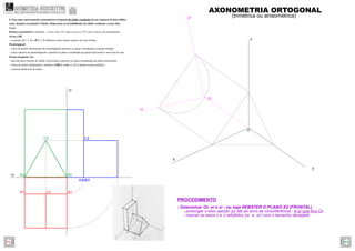 z
y
x
zr
xr
O
Or
- Determinar Or, xr e zr - ou seja REBATER O PLANO XZ (FRONTAL)
- prolongar o eixo oposto (y) até ao arco de circunferência - é aí que ﬁca Or;
- marcar os eixos x e z rebatidos (xr e zr) com o tamanho desejado
PROCEDIMENTO
A2 B2
C2
A3 B3
B1A1
xy
zy
C1
C3
AXONOMETRIA ORTOGONAL
(trimétrica ou anisométrica)
4. Faça uma representação axonométrica ortogonal do sólido resultante de um conjunto de dois sólidos
retos, situados no primeiro Triedro. Represente as invisibilidades do sólido resultante a traço ﬁno.
Dados:
Sistema axonométrico: trimetria – o eixo z faz 115º com o eixo x e 125º com o eixo y, em axonometria.
Aresta [AB]
– os pontos A(7; 2; 0) e B(0; 2; 0) deﬁnem a única aresta comum aos dois sólidos.
Paralelepípedo
– a face de menor afastamento do paralelepípedo pertence ao plano coordenado xz (plano frontal);
– a face superior do paralelepípedo é paralela ao plano coordenado xy (plano horizontal) e tem 8cm de cota;
Prisma triangular reto
– uma das faces laterais do sólido é horizontal e pertence ao plano coordenado xy (plano horizontal);
– a base de menor afastamento o prisma é [ABC], sendo A e B os pontos acima referidos.
– o prisma mede 4cm de altura.
GEOMETRIA DESCRITIVAhttps://geometriadescritivamaisfacil.wordpress.com
Prev Next
 
