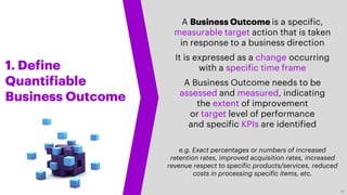 A Business Outcome is a specific,
measurable target action that is taken
in response to a business direction
It is expressed as a change occurring
with a specific time frame
A Business Outcome needs to be
assessed and measured, indicating
the extent of improvement
or target level of performance
and specific KPIs are identified
e.g. Exact percentages or numbers of increased
retention rates, improved acquisition rates, increased
revenue respect to specific products/services, reduced
costs in processing specific items, etc.
1. Define
Quantifiable
Business Outcome
16
 