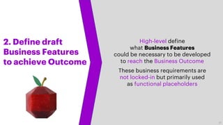 2. Define draft
Business Features
to achieve Outcome
High-level define
what Business Features
could be necessary to be developed
to reach the Business Outcome
These business requirements are
not locked-in but primarily used
as functional placeholders
17
 