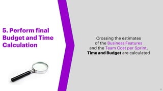 5. Perform final
Budget and Time
Calculation
Crossing the estimates
of the Business Features
and the Team Cost per Sprint,
Time and Budget are calculated
20
 