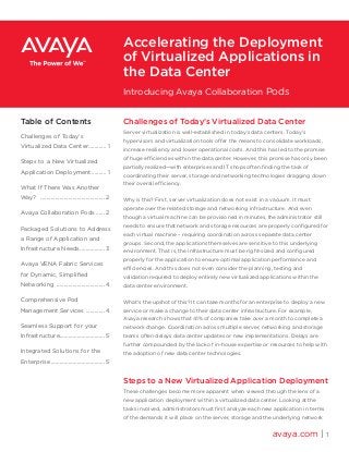 Challenges of Today’s Virtualized Data Center
Server virtualization is well-established in today’s data centers. Today’s
hypervisors and virtualization tools offer the means to consolidate workloads,
increase resiliency and lower operational costs. And this has led to the promise
of huge efficiencies within the data center. However, this promise has only been
partially realized—with enterprises and IT shops often finding the task of
coordinating their server, storage and networking technologies dragging down
their overall efficiency.
Why is this? First, server virtualization does not exist in a vacuum. It must
operate over the related storage and networking infrastructure. And even
though a virtual machine can be provisioned in minutes, the administrator still
needs to ensure that network and storage resources are properly configured for
each virtual machine – requiring coordination across separate data center
groups. Second, the applications themselves are sensitive to this underlying
environment. That is, the infrastructure must be right-sized and configured
properly for the application to ensure optimal application performance and
efficiencies. And this does not even consider the planning, testing and
validation required to deploy entirely new virtualized applications within the
data center environment.
What’s the upshot of this? It can take months for an enterprise to deploy a new
service or make a change to their data center infrastructure. For example,
Avaya research shows that 41% of companies take over a month to complete a
network change. Coordination across multiple server, networking and storage
teams often delays data center updates or new implementations. Delays are
further compounded by the lack of in-house expertise or resources to help with
the adoption of new data center technologies.
Steps to a New Virtualized Application Deployment
These challenges become more apparent when viewed through the lens of a
new application deployment within a virtualized data center. Looking at the
tasks involved, administrators must first analyze each new application in terms
of the demands it will place on the server, storage and the underlying network
avaya.com | 1
Accelerating the Deployment
of Virtualized Applications in
the Data Center
Introducing Avaya Collaboration Pods
Table of Contents
Challenges of Today’s
Virtualized Data Center............. 1
Steps to a New Virtualized
Application Deployment........... 1
What If There Was Another
Way? ............................................. 2
Avaya Collaboration Pods....... 2
Packaged Solutions to Address
a Range of Application and
Infrastructure Needs.................. 3
Avaya VENA Fabric Services
for Dynamic, Simplified
Networking ..................................4
Comprehensive Pod
Management Services ..............4
Seamless Support for your
Infrastructure................................ 5
Integrated Solutions for the
Enterprise...................................... 5
 