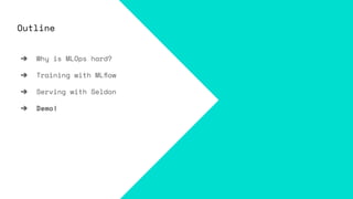 Outline
➔ Why is MLOps hard?
➔ Training with MLﬂow
➔ Serving with Seldon
➔ Demo!
 