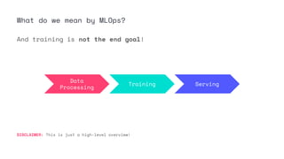 And training is not the end goal!
What do we mean by MLOps?
Data
Processing
Training Serving
DISCLAIMER: This is just a high-level overview!
 