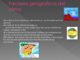 La altitud: Es la distancia vertical de un punto sobre el nivel
del mar
La latitud: Es la distancia entre un
punto de la tierra y el ecuador. Hay tres zonas climáticas:
cálida, templada y fría.
La distancia al mar: En las zonas costeras las temperaturas
diurnas y nocturnas varían menos que en el interior.
El relieve: las nubes chocan con las montañas y descargan.
Por eso las precipitaciones son mas frecuentes en las
montañas.
 