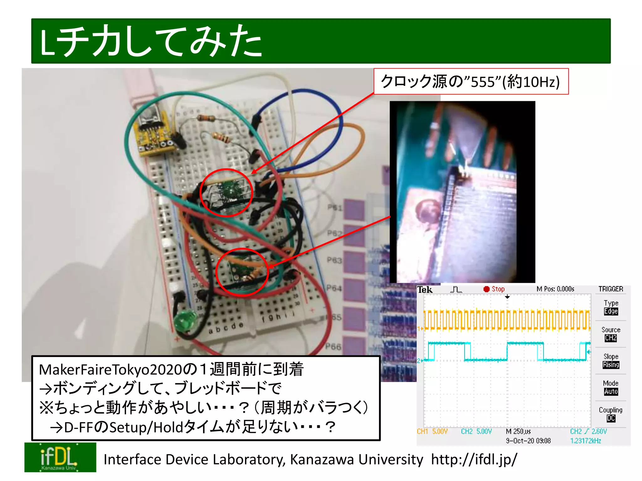 2020/12/17 Interface Device Laboratory, Kanazawa University http://ifdl.jp/
Lチカしてみた
クロック源の”555”(約10Hz)
MakerFaireTokyo2020の１週間前に到着
→ボンディングして、ブレッドボードで
※ちょっと動作があやしい・・・？（周期がバラつく）
→D-FFのSetup/Holdタイムが足りない・・・？
 