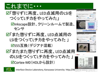 2020/12/17 Interface Device Laboratory, Kanazawa University http://ifdl.jp/
これまでに・・・
「懲りずに再度、LED点滅用のLSIを
つくってLチカをやってみた」
Inkscape設計、クリーンルームで製造、
センサ
「また懲りずに再度、LED点滅用の
LSIをつくってLチカをやってみた 」
555互換（デジアナ混載）
「またまた懲りずに再度、LED点滅用
のLSIをつくってLチカをやってみた 」
Cortex-M0（HDLから設計）
 