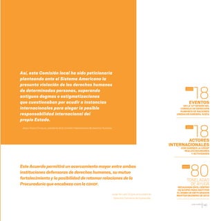 CDHDF20AÑOS
141
Así, esta Comisión local ha sido peticionaria
planteando ante el Sistema Americano la
presunta violación de los derechos humanos
de determinadas personas, superando
antiguos dogmas o estigmatizaciones
que cuestionaban por acudir a instancias
internacionales para alegar la posible
responsabilidad internacional del
propio Estado.
Jesús Orozco Enríquez, presidentedelaComisiónInteramericanadeDerechosHumanos.
ACTORES
INTERNACIONALES
CON QUIENES LA CDHDF
REALIZÓ REUNIONES
Y ACTIVIDADES
EVENTOS
EN LA 12ª SESIÓN DEL
CONSEJO DE DERECHOS
HUMANOS DE NACIONES
UNIDAS EN GINEBRA, SUIZA
TONELADAS
DEAYUDA
RECAUDADAEN ELCENTRO
DEACOPIOPARAHAITÍPOR
ELSISMODESIETEGRADOS
RICHTEREN ENERODE2010
18
18
80
2011
2010
2012
EsteAcuerdopermitirá unacercamientomayorentreambas
instituciones defensorasdederechoshumanos,sumutuo
fortalecimientoy laposibilidad deretomarrelacionesdela
Procuraduríaqueencabeza conlaCDHDF.
Jorge De León Duque, procurador de
Derechos Humanos de Guatemala.
20 AÑOS 204.indd 141 14/10/2013 1:35:13
 