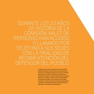 DURANTELOS20AÑOS
DEHISTORIADELA
COMISIÓN,MILESDE
PERSONASHANACUDIDO
OLLAMADOPOR
TELÉFONOASUSSEDES
CONLAFINALIDADDE
RECIBIRATENCIÓNDEL
DEFENSORDELPUEBLO.
El trabajo de la Comisión de Derechos Humanos del Distrito
Federal se extiende a tareas tan diversas como la asesoría, la
educación, la investigación aplicada, la promoción y la difusión
de los derechos humanos, la elaboración de propuestas de
modificación normativa e incluso la denuncia penal a servidores
públicos. Sin embargo, su misión se enfoca primordialmente
a la recepción de quejas, la documentación de las posibles
violaciones a los derechos humanos, el análisis de esos hechos
con relación a las normas de los derechos fundamentales y la
elaboración y motivación de recomendaciones.
20 AÑOS 204.indd 64 14/10/2013 1:33:20
 