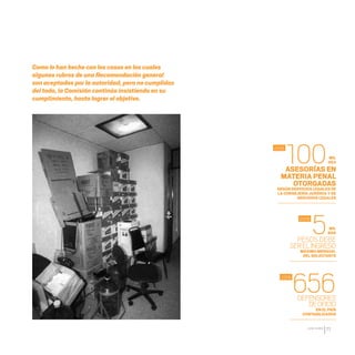 CDHDF20AÑOS
77
ASESORÍAS EN
MATERIA PENAL
OTORGADAS
SEGÚN SERVICIOS LEGALES DE
LA CONSEJERÍA JURÍDICA Y DE
SERVICIOS LEGALES
PESOS DEBE
SERELINGRESO
MÁXIMO MENSUAL
DEL SOLICITANTE
DEFENSORES
DEOFICIO
EN EL PAÍS
CONTABILIZADOS
Como lo han hecho con los casos en los cuales
algunos rubros de una Recomendación general
son aceptados por la autoridad, pero no cumplidos
del todo, la Comisión continúa insistiendo en su
cumplimiento, hasta lograr el objetivo.
100
5
656
2005
2006
2006
MIL
563
MIL
889
20 AÑOS 204.indd 77 14/10/2013 1:33:34
 
