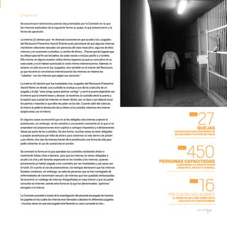 CDHDF20AÑOS
97
Evidencias
Se encontraron testimonios previos documentados por la Comisión en la que
las internas explicaban de la siguiente forma su queja, lo que presenciaron y la
forma de operación:
La interna (2) declara que “en diversas ocasiones en que acudió a los Juzgados
del Reclusorio Preventivo Varonil Oriente pudo percatarse de que algunas internas
mantienen relaciones sexuales con personas del sexo masculino, algunos de ellos
internos y en ocasiones custodios, a cambio de dinero... Precisaqueloslugaresque
seutilizanparatalfinsonlosbaños,las salas vacías e incluso pasillo s y túneles.
Ella misma, en alguna ocasión utilizó dichos espacios ya que su concubino es su
coacusado y no le habían autorizado la visita íntima interreclusorios. Además, lo
anterior no sólo ocurre en los Juzgados, sino también en el interior del Reclusorio
ya que durante la convivencia interreclusorios las internas se metena las
“cabañas” con los internos que pagan sus servicios.”
La interna (4) declaró que fue trasladada a los Juzgados del Reclusorio Preventivo
Varonil Norte, en donde, una custodia la condujo a uno de los cubículos de un
juzgado y le dijo “este amigo quiere platicar contigo” y cerró la puerta dejándola con
el interno que la intentó besar y abrazar; al resistirse, la custodia abrió la puerta y
le explicó que cuando las internas no tienen dinero, por un beso o por dejarse tocar
los pechos o hacerles lo que ellos les pidan se los dan. Cuando salió del cubículo,
el interno le pedía la devolución de su dinero a la custodia, mientras otra interna
aceptó estar con el interno.
En algunos casos se encontró que no se les obligaba a las internas a ejercer la
prostitución, sin embargo, se les sometía a una presión constante en la que si no
aceptaban las proposiciones eran sujetas a castigos impuestos y a declaraciones
falsas por parte de los custodios. De otra forma, muchas veces se veían obligadas
a aceptar prostituirse por falta de dinero para solventar la vida dentro de prisión
y por último, otro tipo de internas hacían de la prostitución una forma de vida para
poder solventar el uso de sustancias en prisión.
Se constató la forma en la que operaban los custodios recibiendo dinero e
inventando falsas citas a declarar, para que las internas se vieran obligadas a
acudir a la cita y ahí tenerlas esperando en los túneles a los internos, quienes
previamente ya habían pagado a los custodios por ser trasladados y por pasar por
el túnel. En cuanto al uso de preservativos, los testigos declararon que los internos
llevaban condones, sin embargo, se sabe de personas que se han contagiado de
enfermedades de transmisión sexual o de internas que han quedado embarazadas.
Se encontró un catálogo de internas fotografiadas en ropa interior y que se puede
consultar en Internet, siendo esta forma en la que los denominados “padrinos”
escogían a la interna.
La Comisión procedió a través de la investigación del personal encargado de tramitar
los papeles en los cuales las internas eran llamadas a declarar en diferentes juzgados
–muchas veces sin que ese juzgado esté llevando su caso o proceda la cita–.
QUEJAS
CALIFICADAS CON EXISTENCIA DE
ACTOS CONSTITUTIVOS DE TRATA
PERSONAS CAPACITADAS
EJERCIENDO LA PROSTITUCIÓN
LIBRE EN EL DISTRITO FEDERAL
PRESUNTASVIOLACIONES
AL DERECHO DE O SER SOMETIDO A
ESCLAVITUD O SERVIDUMBRE
27
450
16
2010
2011
2012
20 AÑOS 204.indd 97 14/10/2013 1:34:39
 