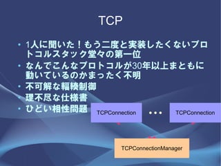 TCP
? 1ˤ⤦ȤȌgװʤץ
  ȥ륹åáεһλ
? ʤǤʥץȥ뤬30ϤޤȤ
  ӤƤΤޤä
? ɽݗݏ
? ˘
? ҤɤԆ} TCPConnection
                           ???
                        TCPConnection




                   TCPConnectionManager
 