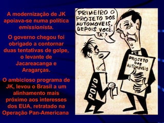 A modernização de JK apoiava-se numa política  emissionista. O governo chegou foi obrigado a contornar duas tentativas de golpe, o levante de Jacareacanga e Aragarças. O ambicioso programa de JK, levou o Brasil a um alinhamento mais próximo aos interesses dos EUA, retratado na Operação Pan-Americana  
