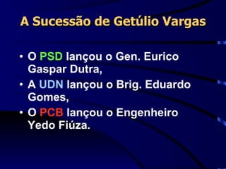 A Sucessão de Getúlio Vargas O  PSD  lançou o Gen. Eurico Gaspar Dutra, A  UDN  lançou o Brig. Eduardo Gomes, O  PCB  lançou o Engenheiro Yedo Fiúza. 