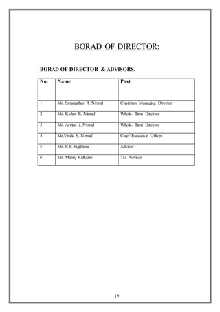 19
BORAD OF DIRECTOR:
BORAD OF DIRECTOR & ADVISORS.
No. Name Post
1 Mr. Sarangdhar R. Nirmal Chairman Managing Director
2 Mr. Kishor R. Nirmal Whole- Time Director
3 Mr. Arvind J. Nirmal Whole- Time Director
4 Mr.Vivek S. Nirmal Chief Executive Officer
5 Mr. P.R. Jagdhane Advisor
6 Mr. Manoj Kulkarni Tax Advisor
 