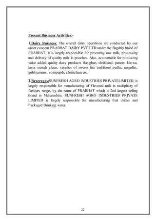 22
Present Business Activities:-
1.Dairy Business: The overall dairy operations are conducted by our
sister concern PRABHAT DAIRY PVT LTD under the flagship brand of
PRABHAT, it is largely responsible for procuring raw milk, processing
and delivery of quality milk in pouches. Also, accountable for producing
value added quality dairy products like ghee, shrikhand, paneer, khowa,
lassi, masala chaas, varieties of sweets like traditional pedha, rasgullas,
gulabjamuns, soanpapdi, chamcham etc.
2.Beverages:SUNFRESH AGRO INDUSTRIES PRIVATELIMITED, is
largely responsible for manufacturing of Flavored milk in multiplicity of
flavours range, by the name of PRABHAT which is 2nd largest selling
brand in Maharashtra. SUNFRESH AGRO INDUSTRIES PRIVATE
LIMITED is largely responsible for manufacturing fruit drinks and
Packaged Drinking water.
 