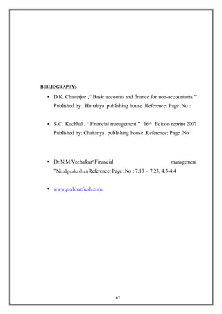 67
BIBLIOGRAPHY:-
 D.K. Chatterjee ,“ Basic accounts and finance for non-accountants ”
Published by : Himalaya publishing house .Reference: Page .No :
 S.C. Kuchhal , “Financial management ” 16th Edition reprint 2007
Published by: Chaitanya publishing house .Reference: Page .No :
 Dr.N.M.Vechalkar“Financial management
”NiraliprakashanReference: Page .No : 7.13 – 7.23, 4.3-4.4
 www.prabhatfresh.com
 