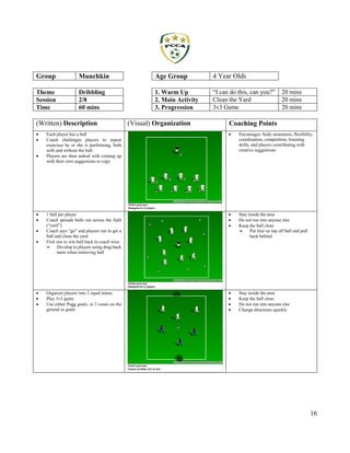 16
Group Munchkin Age Group 4 Year Olds
Theme Dribbling 1. Warm Up “I can do this, can you?” 20 mins
Session 2/8 2. Main A...