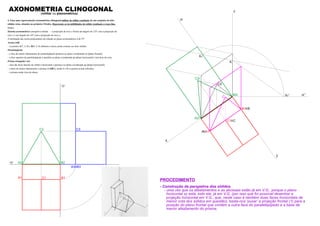 z
y
x
B1 B
A A1
C1 C
A2r
B2r
C2r
C2
Kr
zr’Kr’
K
zr
C
A2 B2
C2
A3 B3
B1A1
xy
zy
C1
C3
AXONOMETRIA CLINOGONAL(militar ou planométrica)
4. Faça uma representação axonométrica clinogonal militar do sólido resultante de um conjunto de dois
sólidos retos, situados no primeiro Triedro. Represente as invisibilidades do sólido resultante a traço ﬁno.
Dados:
Sistema axonométrico: perspetiva militar – a projecção do eixo z forma um ângulo de 125º com a projecção do
eixo x e um ângulo de 145º com a projecção do eixo y;
A inclinação das rectas projectantes em relação ao plano axonométrico é de 55º.
Aresta [AB]
– os pontos A(7; 2; 0) e B(0; 2; 0) deﬁnem a única aresta comum aos dois sólidos.
Paralelepípedo
– a face de menor afastamento do paralelepípedo pertence ao plano coordenado xz (plano frontal);
– a face superior do paralelepípedo é paralela ao plano coordenado xy (plano horizontal) e tem 8cm de cota;
Prisma triangular reto
– uma das faces laterais do sólido é horizontal e pertence ao plano coordenado xy (plano horizontal);
– a base de menor afastamento o prisma é [ABC], sendo A e B os pontos acima referidos.
– o prisma mede 4cm de altura.
- Construção da perspetiva dos sólidos
- uma vez que os afastamentos e as abcissas estão já em V.G., porque o plano
horizontal xy está, todo ele, já em V.G. (por isso que foi possível desenhar a
projeção horizontal em V.G., que, neste caso é também duas faces horizontais de
menor cota dos sólidos em questão), basta-nos ‘puxar’ a projeção frontal (1) para a
posição do plano frontal que contém a outra face do paralelepípedo e a base de
menor afastamento do prisma.
PROCEDIMENTO
 