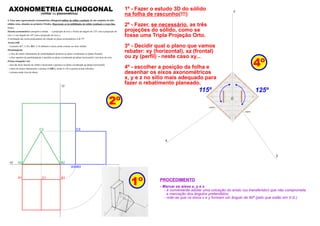 z
y
x
A2 B2
C2
A3 B3
B1A1
xy
zy
C1
C3
O
1º
2º
4º
1º - Fazer o estudo 3D do sólido
na folha de rascunho(!!!)
2º - Fazer, se necessário, as três
projeções do sólido, como se
fosse uma Tripla Projeção Orto.
3º - Decidir qual o plano que vamos
rebater: xy (horizontal), xz (frontal)
ou zy (perﬁl) - neste caso xy...
4º - escolher a posição da folha e
desenhar os eixos axonométricos
x, y e z no sítio mais adequado para
fazer o rebatimento planeado.
125º115º
AXONOMETRIA CLINOGONAL(militar ou planométrica)
4. Faça uma representação axonométrica clinogonal militar do sólido resultante de um conjunto de dois
sólidos retos, situados no primeiro Triedro. Represente as invisibilidades do sólido resultante a traço ﬁno.
Dados:
Sistema axonométrico: perspetiva militar – a projecção do eixo z forma um ângulo de 125º com a projecção do
eixo x e um ângulo de 145º com a projecção do eixo y;
A inclinação das rectas projectantes em relação ao plano axonométrico é de 55º.
Aresta [AB]
– os pontos A(7; 2; 0) e B(0; 2; 0) deﬁnem a única aresta comum aos dois sólidos.
Paralelepípedo
– a face de menor afastamento do paralelepípedo pertence ao plano coordenado xz (plano frontal);
– a face superior do paralelepípedo é paralela ao plano coordenado xy (plano horizontal) e tem 8cm de cota;
Prisma triangular reto
– uma das faces laterais do sólido é horizontal e pertence ao plano coordenado xy (plano horizontal);
– a base de menor afastamento o prisma é [ABC], sendo A e B os pontos acima referidos.
– o prisma mede 4cm de altura.
- Marcar os eixos x, y e x
- é conveniente adotar uma colcação do aristo (ou transferidor) que não comprometa
a marcação dos ângulos pretendidos;
- note-se que os eixos x e y formam um ângulo de 90º (pelo que estão em V.G.)
PROCEDIMENTO
 