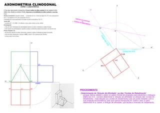 z
y
x
zr’
B1 B
A A1
C1 C
Kr
Kr’
K
zr
A2 B2
C2
A3 B3
B1A1
xy
zy
C1
C3
AXONOMETRIA CLINOGONAL(militar ou planométrica)
4. Faça uma representação axonométrica clinogonal militar do sólido resultante de um conjunto de dois
sólidos retos, situados no primeiro Triedro. Represente as invisibilidades do sólido resultante a traço ﬁno.
Dados:
Sistema axonométrico: perspetiva militar – a projecção do eixo z forma um ângulo de 125º com a projecção do
eixo x e um ângulo de 145º com a projecção do eixo y;
A inclinação das rectas projectantes em relação ao plano axonométrico é de 55º.
Aresta [AB]
– os pontos A(7; 2; 0) e B(0; 2; 0) deﬁnem a única aresta comum aos dois sólidos.
Paralelepípedo
– a face de menor afastamento do paralelepípedo pertence ao plano coordenado xz (plano frontal);
– a face superior do paralelepípedo é paralela ao plano coordenado xy (plano horizontal) e tem 8cm de cota;
Prisma triangular reto
– uma das faces laterais do sólido é horizontal e pertence ao plano coordenado xy (plano horizontal);
– a base de menor afastamento o prisma é [ABC], sendo A e B os pontos acima referidos.
– o prisma mede 4cm de altura.
- Determinação da ‘Direção de Aﬁnidade’, ou das ‘Cordas do Rebatimento’
- porque vamos rebater o plano xz (plano frontal de projeção) para desenhar o triângulo
[ABC] em V.G., convém determinar a ‘direção de aifnidade’ ou direção das ‘cordas do
rebatimento’ - esta direção (ou cordas do rebatimento) une um ponto rebatido com a
sua projeção axonométrica, pelo que vamos transportar Kr’ sobre o eixo zr para
determinar Kr e, assim, a direção de aﬁnidade, que facilita a inversão do rebatimento.
PROCEDIMENTO
DIREÇÃO DE AFINIDADEouCORDAS DO REBATIMENTO
}
} Cotas em V.G.
Cotasem
V.G.
 