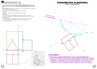 z
y
x
zr’
B1 B
A A1
C1 C
Kr
Kr’
K
zr
A2 B2
C2
A3 B3
B1A1
xy
zy
C1
C3
- Determinação da ‘Direção de Aﬁnidade’, ou das ‘Cordas do Rebatimento’
- porque vamos rebater o plano xz (plano frontal de projeção) para desenhar o triângulo
[ABC] em V.G., convém determinar a ‘direção de aifnidade’ ou direção das ‘cordas do
rebatimento’ - esta direção (ou cordas do rebatimento) une um ponto rebatido com a
sua projeção axonométrica, pelo que vamos transportar Kr’ sobre o eixo zr para
determinar Kr e, assim, a direção de aﬁnidade, que facilita a inversão do rebatimento.
PROCEDIMENTO
DIREÇÃO DE AFINIDADEouCORDAS DO REBATIMENTO
}
} Cotas em V.G.
Cotasem
V.G.
4. Faça uma representação axonométrica clinogonal militar do sólido resultante de um conjunto de dois
sólidos retos, situados no primeiro Triedro. Represente as invisibilidades do sólido resultante a traço ﬁno.
Dados:
Sistema axonométrico: perspetiva militar – a projecção do eixo z forma um ângulo de 125º com a projecção do
eixo x e um ângulo de 145º com a projecção do eixo y;
A inclinação das rectas projectantes em relação ao plano axonométrico é de 55º.
Aresta [AB]
– os pontos A(7; 2; 0) e B(0; 2; 0) deﬁnem a única aresta comum aos dois sólidos.
Paralelepípedo
– a face de menor afastamento do paralelepípedo pertence ao plano coordenado xz (plano frontal);
– a face superior do paralelepípedo é paralela ao plano coordenado xy (plano horizontal) e tem 8cm de cota;
Prisma triangular reto
– uma das faces laterais do sólido é horizontal e pertence ao plano coordenado xy (plano horizontal);
– a base de menor afastamento o prisma é [ABC], sendo A e B os pontos acima referidos.
– o prisma mede 4cm de altura.
GEOMETRIA DESCRITIVAhttps://geometriadescritivamaisfacil.wordpress.com AXONOMETRIA CLINOGONAL
(militar ou planométrica)
Prev Next
 