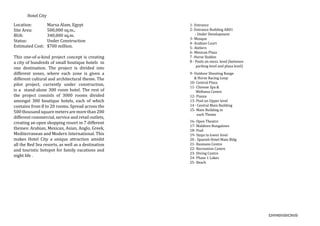 Hotel City
Location:	 Marsa Alam, Egypt
Site Area:	 500,000 sq.m.,
BUA:		 340,000 sq.m.
Status:		 Under Construction
Estimated Cost: $700 million.
This one-of-a-kind project concept is creating
a city of hundreds of small boutique hotels in
one destination. The project is divided into
different zones, where each zone is given a
different cultural and architectural theme. The
pilot project, currently under construction,
is a stand-alone 300 room hotel. The rest of
the project consists of 3000 rooms divided
amongst 300 boutique hotels, each of which
contains from 8 to 20 rooms. Spread across the
500 thousand square meters are more than 200
different commercial, service and retail outlets,
creating an open shopping resort in 7 different
themes: Arabian, Mexican, Asian, Anglo, Greek,
Mediterranean and Modern International. This
makes Hotel City a unique attraction amidst
all the Red Sea resorts, as well as a destination
and touristic hotspot for family vacations and
night life .
1- Entrance
2- Entrance Building AR01
- Under Development
3- Mosque
4- Arabian Court
5- Ateliers
6- Mexican Plaza
7 -Horse Stables
8 - Pools on mezz. level (between
parking level and plaza level)
9- Outdoor Shooting Range
& Horse Racing Loop
10- Central Plaza
11- Chinese Spa &
Wellness Centre
12- Piazza
13- Pool on Upper level
14 - Central Main Building
15- Main Building in
each Theme
16- Open Theatre
17- Maldives Bungalows
18- Pool
19- Steps to lower level
20 - Spanish Hotel Main Bldg
21- Business Centre
22- Recreation Centre
23- Diving Centre
24- Phase 1 Lakes
25- Beach
 