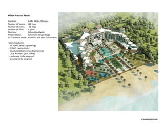 Hilton Awassa Resort
Location: Addis Ababa, Ethiopia
Number of Rooms: 151 Keys
Number of Suites: 18 Keys
Number of Villas: 6 Villas
Operator: Hilton Worldwide
Project Status: Schematic Design Stage
DEC Scope of Work: Architect and Lead Consultants
Sub-Consultants:
- MEP (M/s Seed Engineering)
- ID (M/s Les Harbotle)
- Structural (M/s Kenmos Engineering)
- Local Architect (M/s JDAW)
- Landscape (to be assigned
- Security (to be assigned)
 
